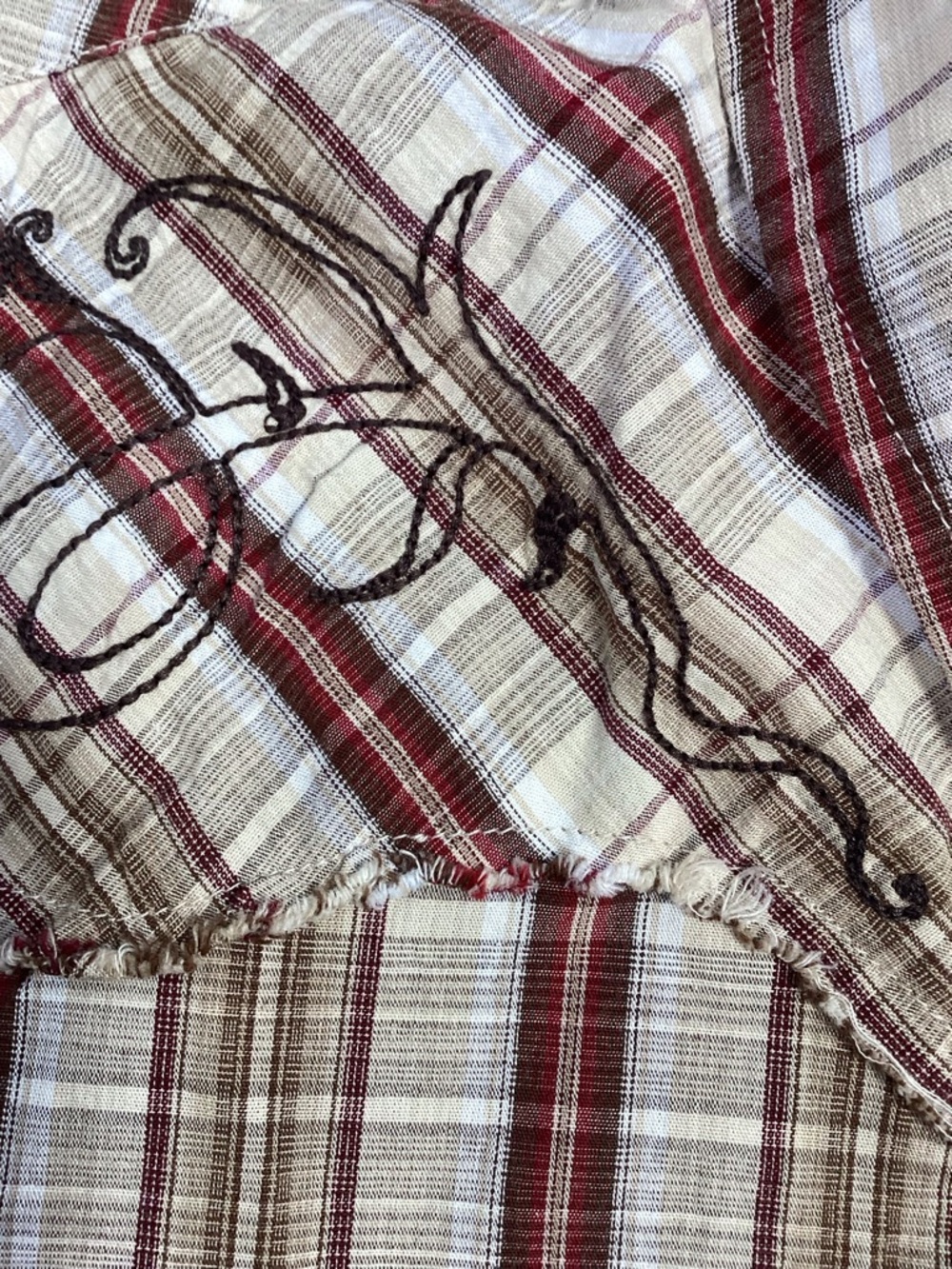 90’s Hawk Men's Brown Plaid Pearl Button Fringe Embroidered Western Shirt XL - Picture 6 of 10